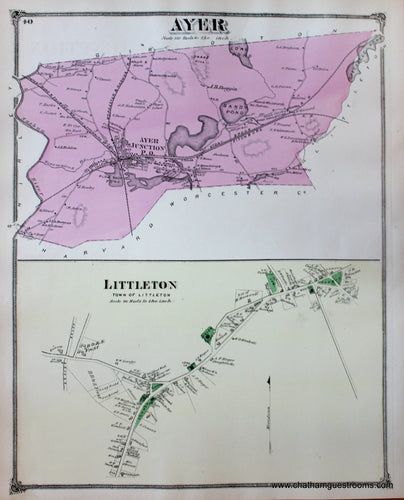 Antique-Hand-Colored-Map-Ayer-Littleton-(MA)-Middlesex--1875-Beers-Maps-Of-Antiquity