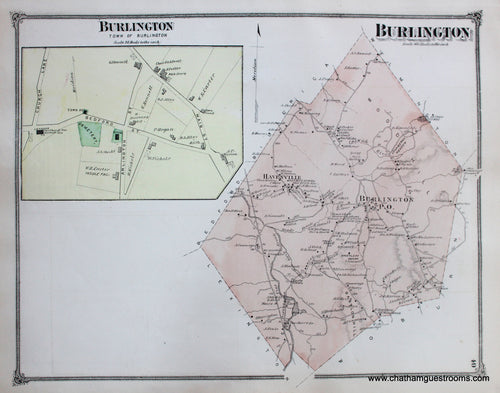 Antique-Hand-Colored-Map-Burlington-**********-Middlesex--1875-Beers-Maps-Of-Antiquity