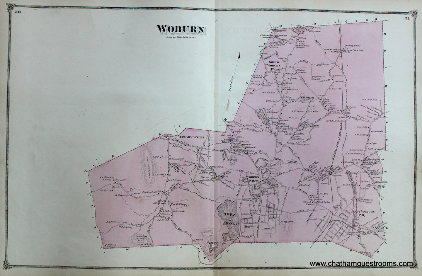 Antique-Hand-Colored-Map-Woburn-(Town)-(MA)-Middlesex--1875-Beers-Maps-Of-Antiquity