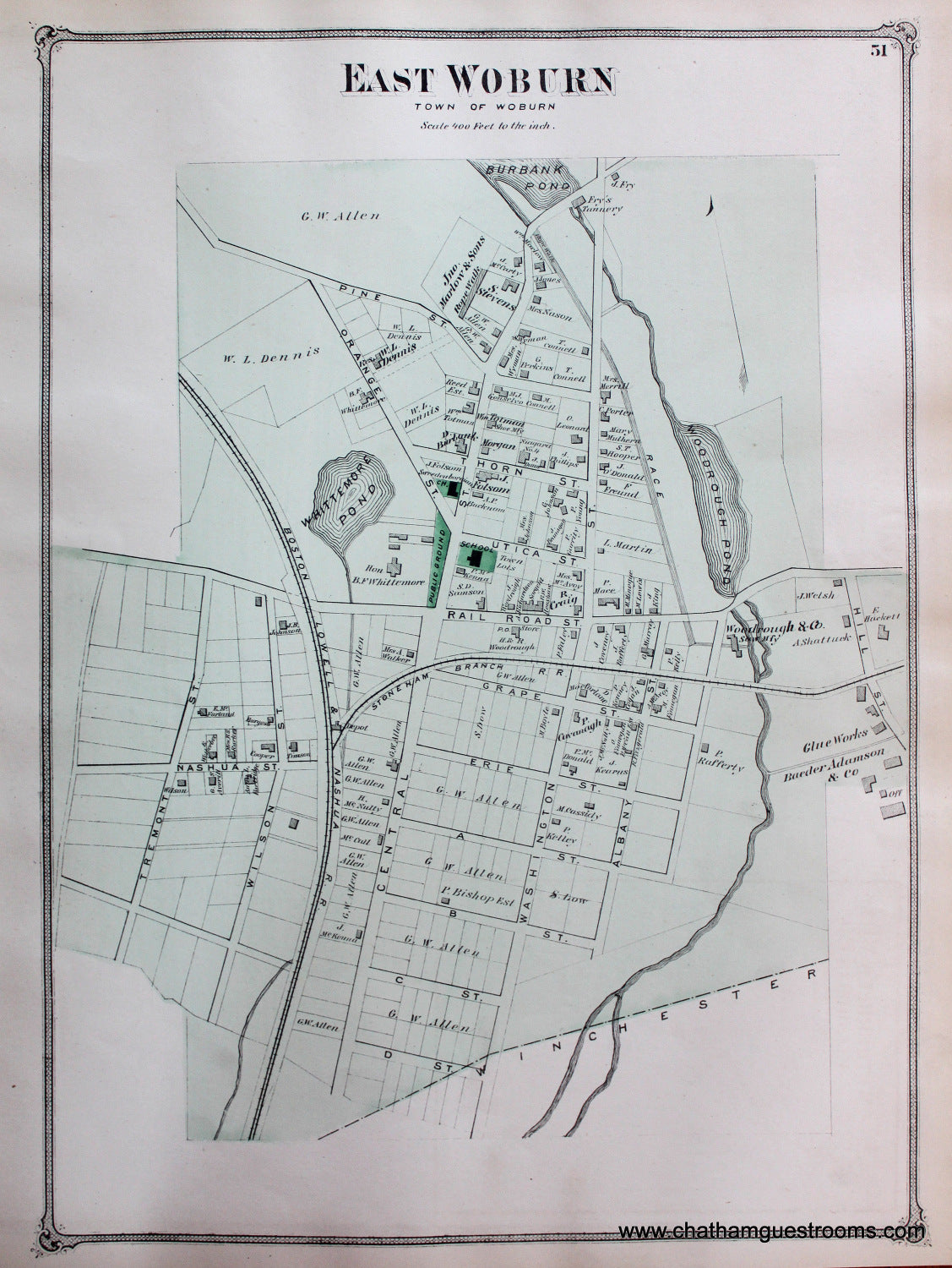1875 - East Woburn, Woburn (Center), North Woburn, Cummingsville (MA) - Antique Map