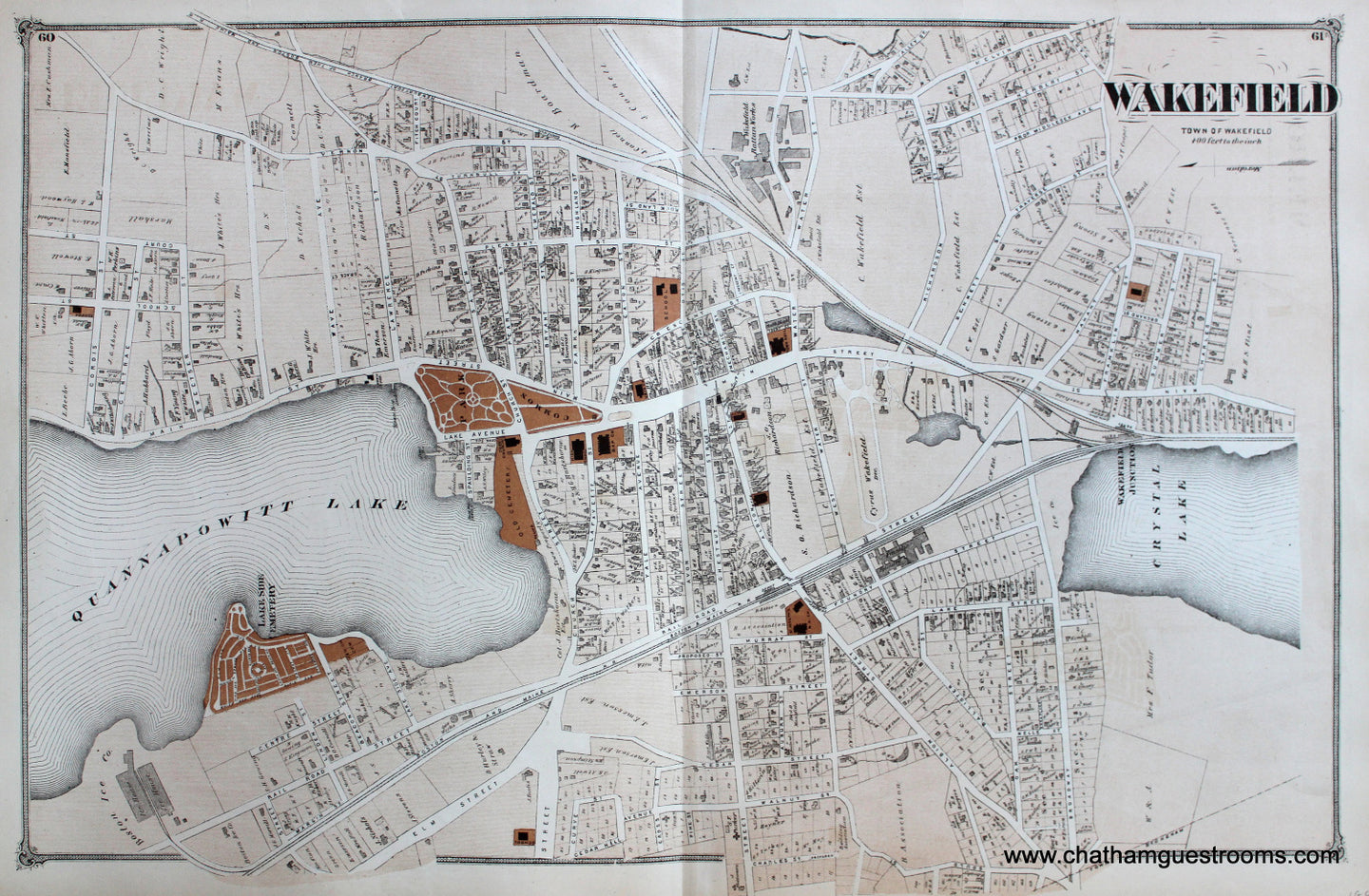 Antique-Hand-Colored-Map-Wakefield-(Center)-(MA)-Middlesex--1875-Beers-Maps-Of-Antiquity