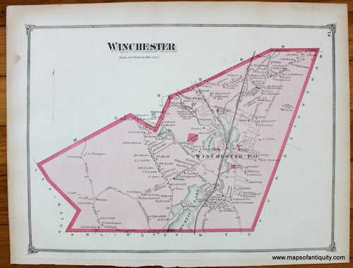Antique-Hand-Colored-Map-Winchester-verso-East-Lexington-(MA)-Middlesex--1875-Beers-Maps-Of-Antiquity