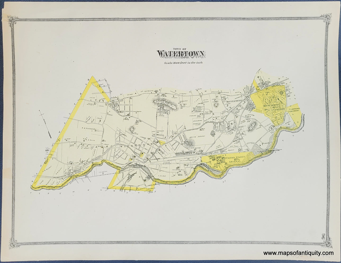 Antique-Hand-Colored-Map-Town-of-Watertown-(MA)-Middlesex--1875-Beers-Maps-Of-Antiquity