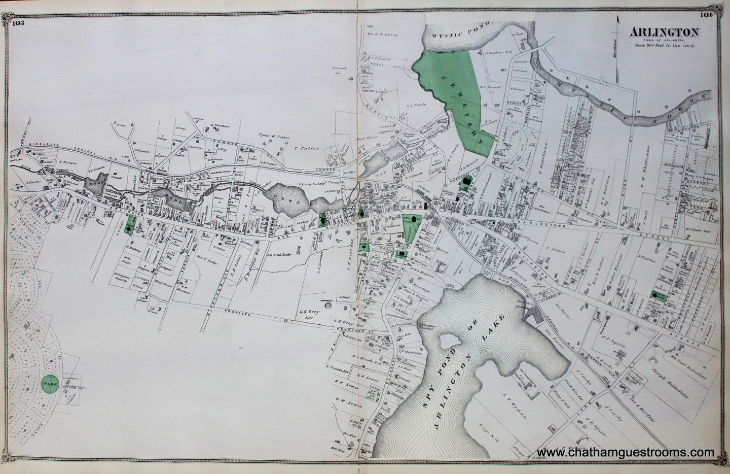 Antique-Hand-Colored-Map-Arlington-(MA)-Middlesex--1875-Beers-Maps-Of-Antiquity