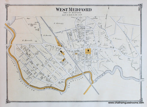 Antique-Hand-Colored-Map-West-Medford-(MA)-Middlesex--1875-Beers-Maps-Of-Antiquity