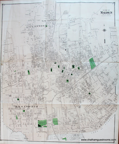 Antique-Hand-Colored-Map-Section-of-Malden--(MA)-******-Middlesex--1875-Beers-Maps-Of-Antiquity