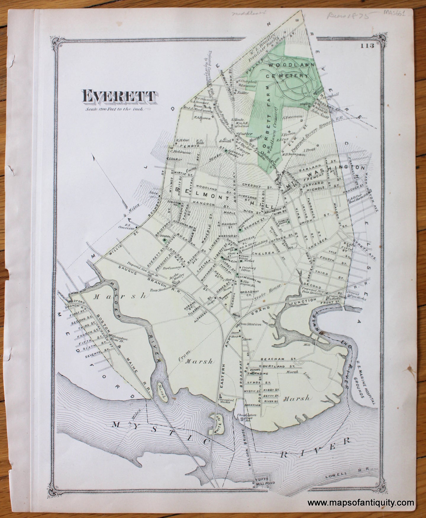 Antique-Hand-Colored-Map-Everett-(MA)-Middlesex--1875-Beers-Maps-Of-Antiquity