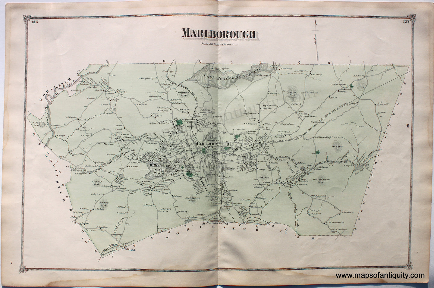 Antique-Hand-Colored-Map-Marlborough-(MA)-Middlesex--1875-Beers-Maps-Of-Antiquity