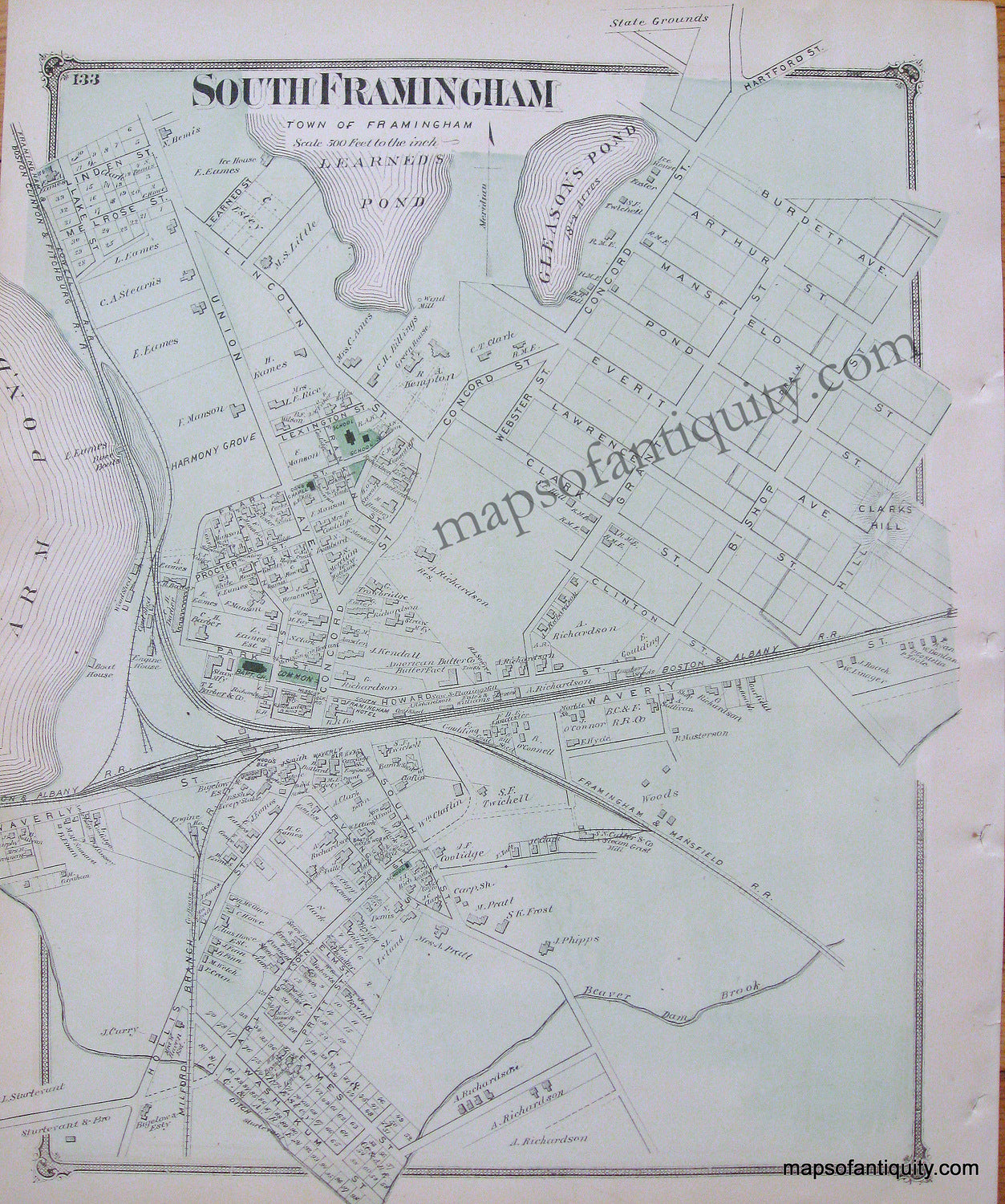 Antique-Hand-Colored-Map-South-Framingham-(MA)-Middlesex--1875-Beers-Maps-Of-Antiquity