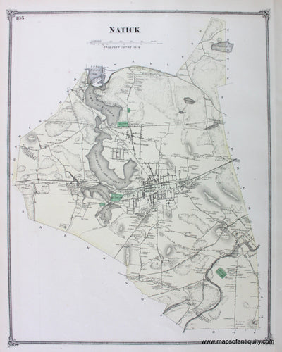 Antique-Hand-Colored-Map-Natick-(Town)--(MA)-Middlesex--1875-Beers-Maps-Of-Antiquity