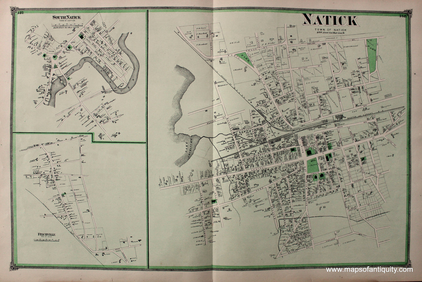Antique-Hand-Colored-Map-Natick-South-Natick-Felchville-(MA)-Middlesex--1875-Beers-Maps-Of-Antiquity