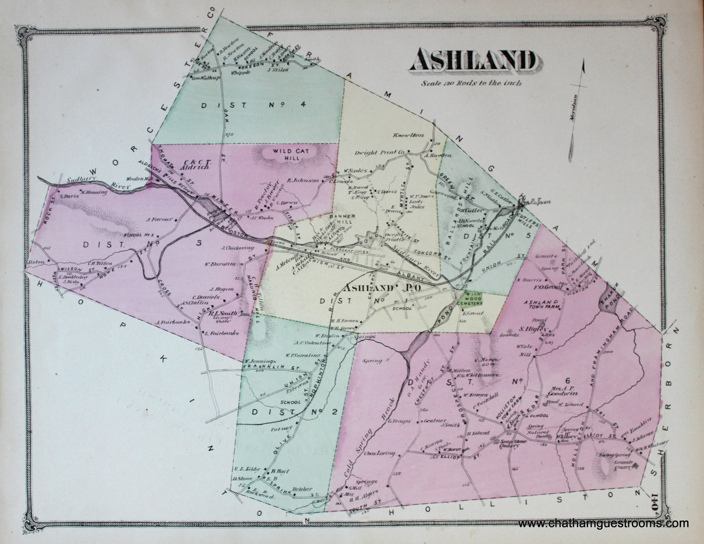 Antique-Hand-Colored-Map-Ashland-(MA)-Middlesex--1875-Beers-Maps-Of-Antiquity