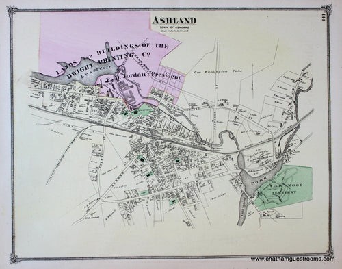 Antique-Hand-Colored-Map-Ashland-(Center)-(MA)-Middlesex--1875-Beers-Maps-Of-Antiquity
