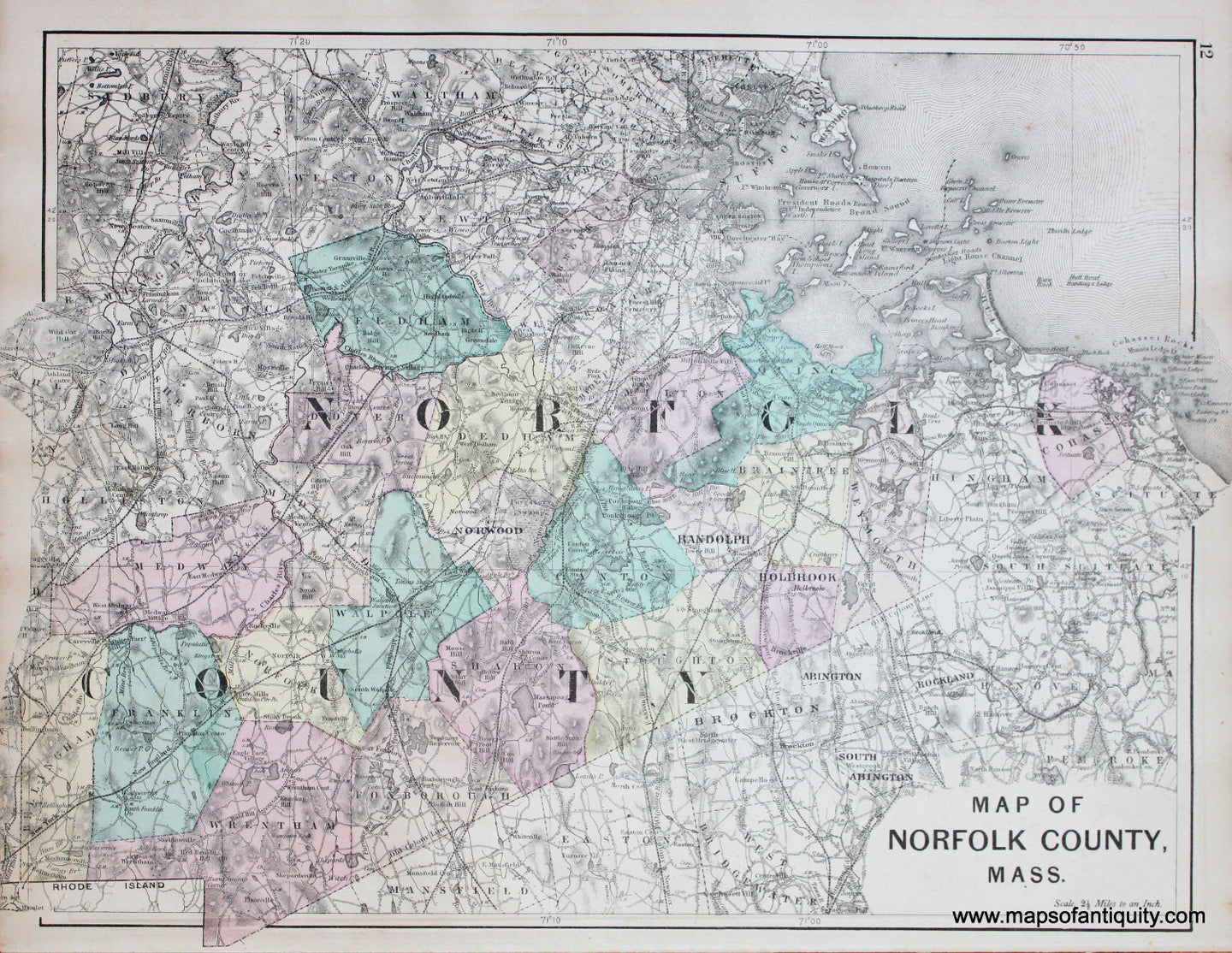 Antique-Hand-Colored-Map-Map-of-Norfolk-County-Mass.-Massachusetts-Norfolk-County-MA-1876-Comstock-&-Cline-Maps-Of-Antiquity