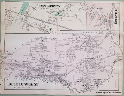 Antique-Hand-Colored-Map-Medway.-(MA)-Massachusetts-Norfolk-County-MA-1876-Comstock-&-Cline-Maps-Of-Antiquity