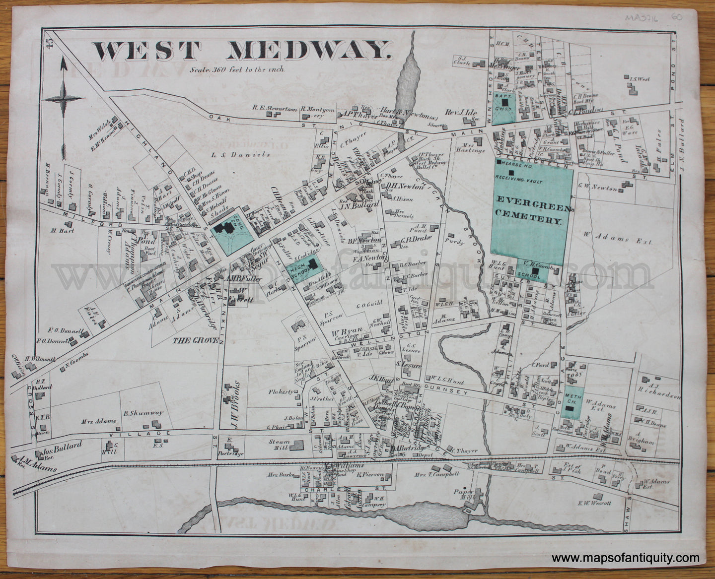 Antique-Hand-Colored-Map-West-Medway.-(MA)-Massachusetts-Norfolk-County-MA-1876-Comstock-&-Cline-Maps-Of-Antiquity