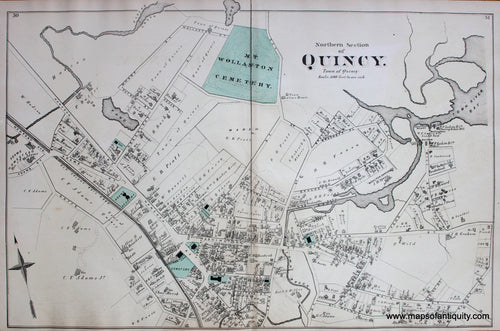 Antique-Hand-Colored-Map-Northern-Section-of-Quincy.--(MA)-Massachusetts-Norfolk-County-MA-1876-Comstock-&-Cline-Maps-Of-Antiquity