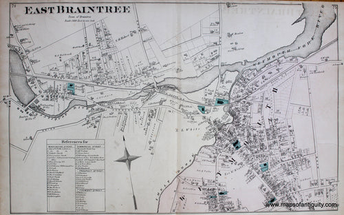Antique-Hand-Colored-Map-East-Braintree.-(MA)-Massachusetts-Norfolk-County-MA-1876-Comstock-&-Cline-Maps-Of-Antiquity