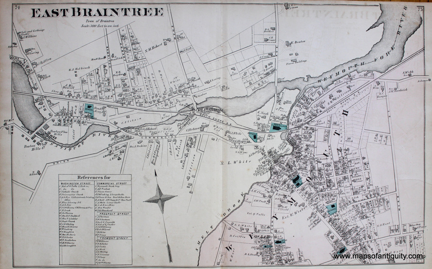 Antique-Hand-Colored-Map-East-Braintree.-(MA)-Massachusetts-Norfolk-County-MA-1876-Comstock-&-Cline-Maps-Of-Antiquity