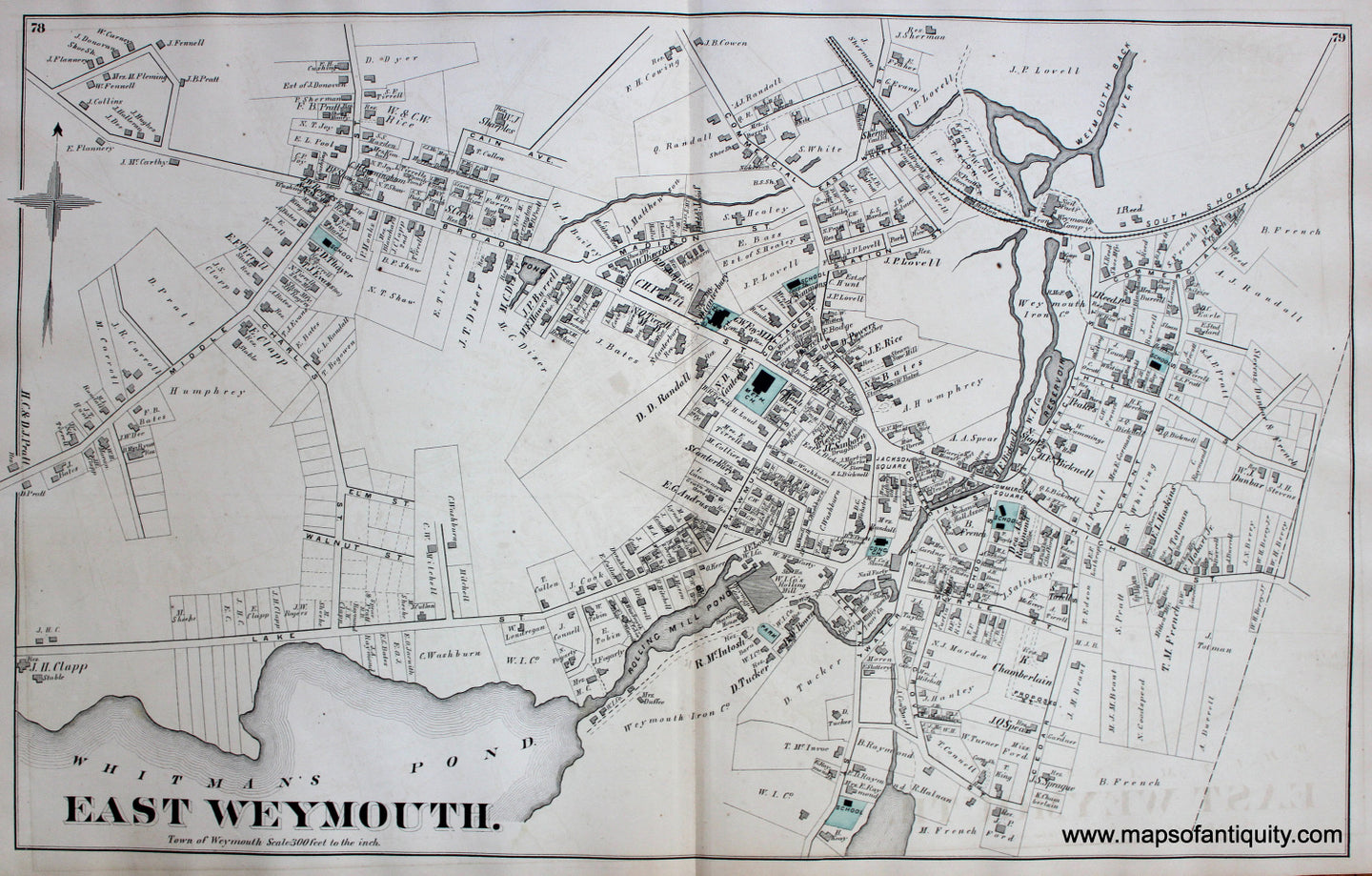 Antique-Hand-Colored-Map-East-Weymouth.-(MA)-Massachusetts-Norfolk-County-MA-1876-Comstock-&-Cline-Maps-Of-Antiquity