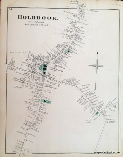 Antique-Hand-Colored-Map-Holbrook.-(Center)-(MA)-Massachusetts-Norfolk-County-MA-1876-Comstock-&-Cline-Maps-Of-Antiquity