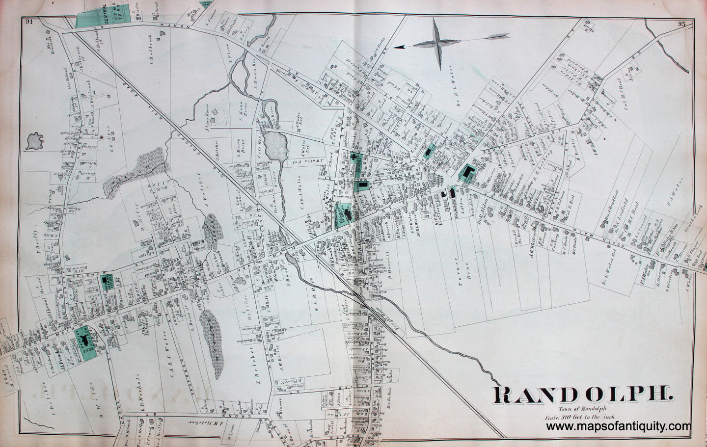 Antique-Hand-Colored-Map-Randolph.-(Center)-(MA)-Massachusetts-Norfolk-County-MA-1876-Comstock-&-Cline-Maps-Of-Antiquity