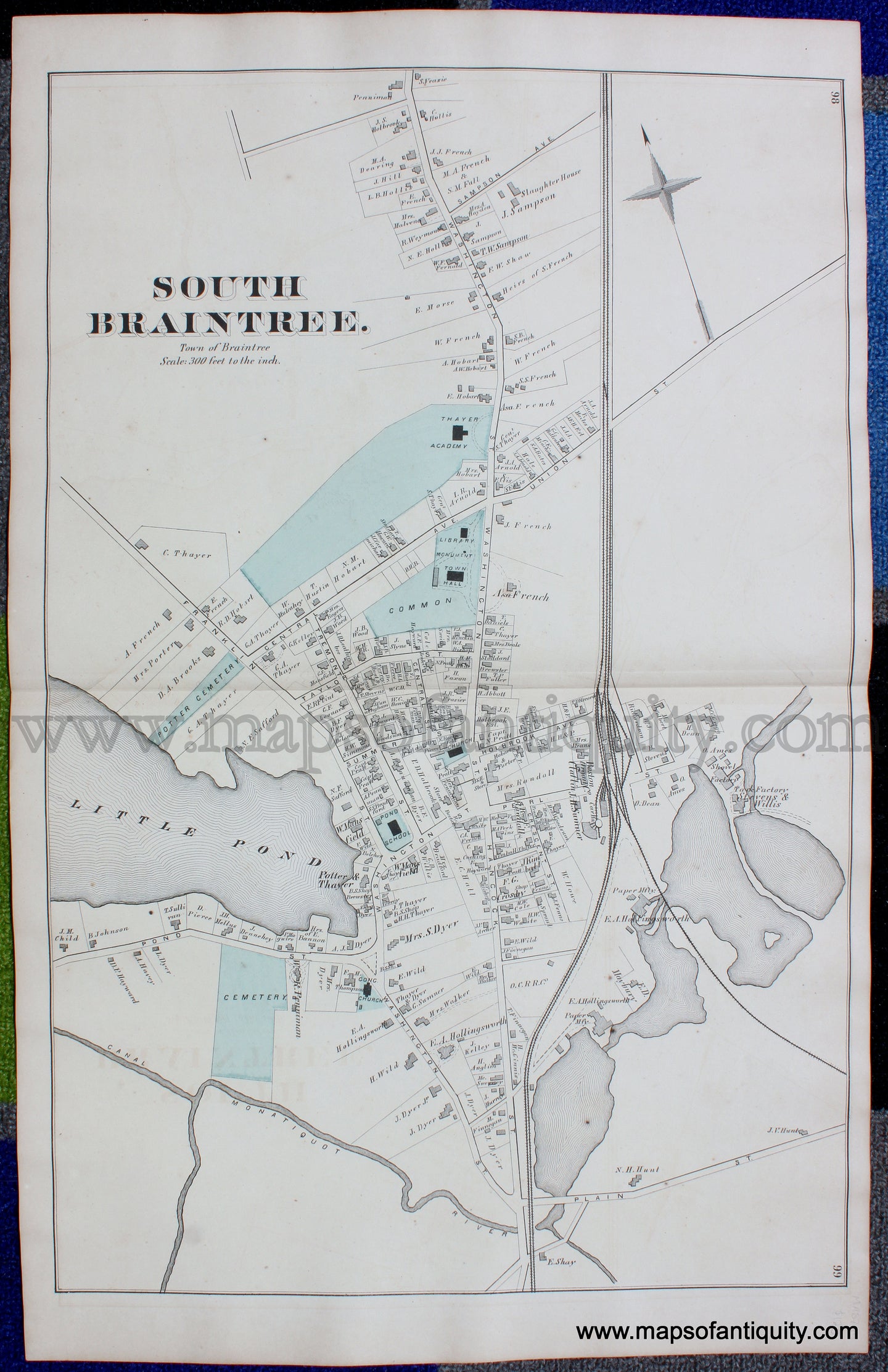 Antique-Hand-Colored-Map-South-Braintree.-(MA)-**********-Massachusetts-Norfolk-County-MA-1876-Comstock-&-Cline-Maps-Of-Antiquity