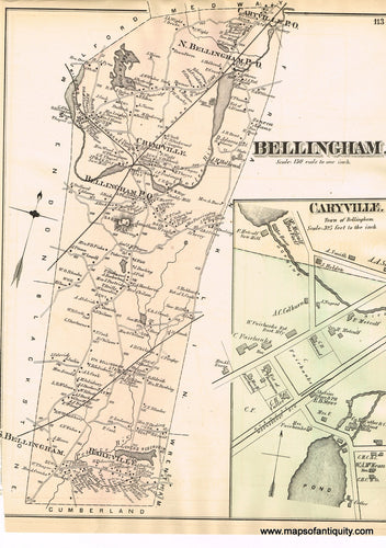 Antique-Hand-Colored-Map-Bellingham.-Caryville.-(MA)-Massachusetts-Norfolk-County-MA-1876-Comstock-&-Cline-Maps-Of-Antiquity