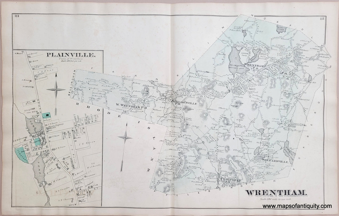 Antique-Map-1876-Wrentham-(Town)-antique-map-Plainville-antique-map-Massachusetts-19th-century-1800s-1870s-Maps-of-Antiquity