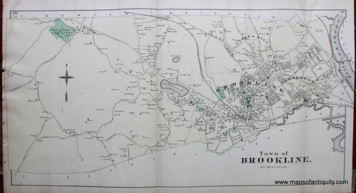 Antique-Hand-Colored-Map-Town-of-Brookline.-(MA)-Massachusetts-Norfolk-County-MA-1876-Comstock-&-Cline-Maps-Of-Antiquity