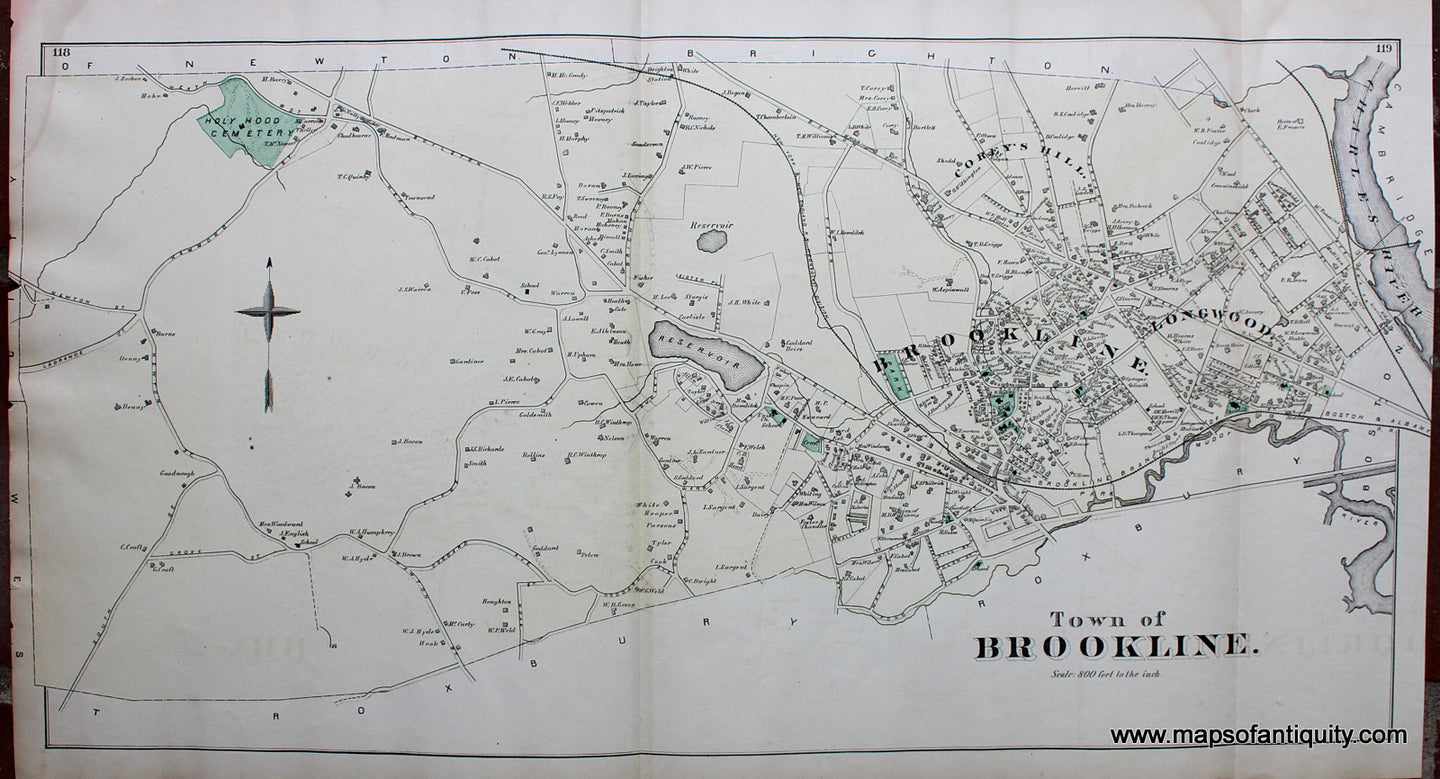 Antique-Hand-Colored-Map-Town-of-Brookline.-(MA)-Massachusetts-Norfolk-County-MA-1876-Comstock-&-Cline-Maps-Of-Antiquity