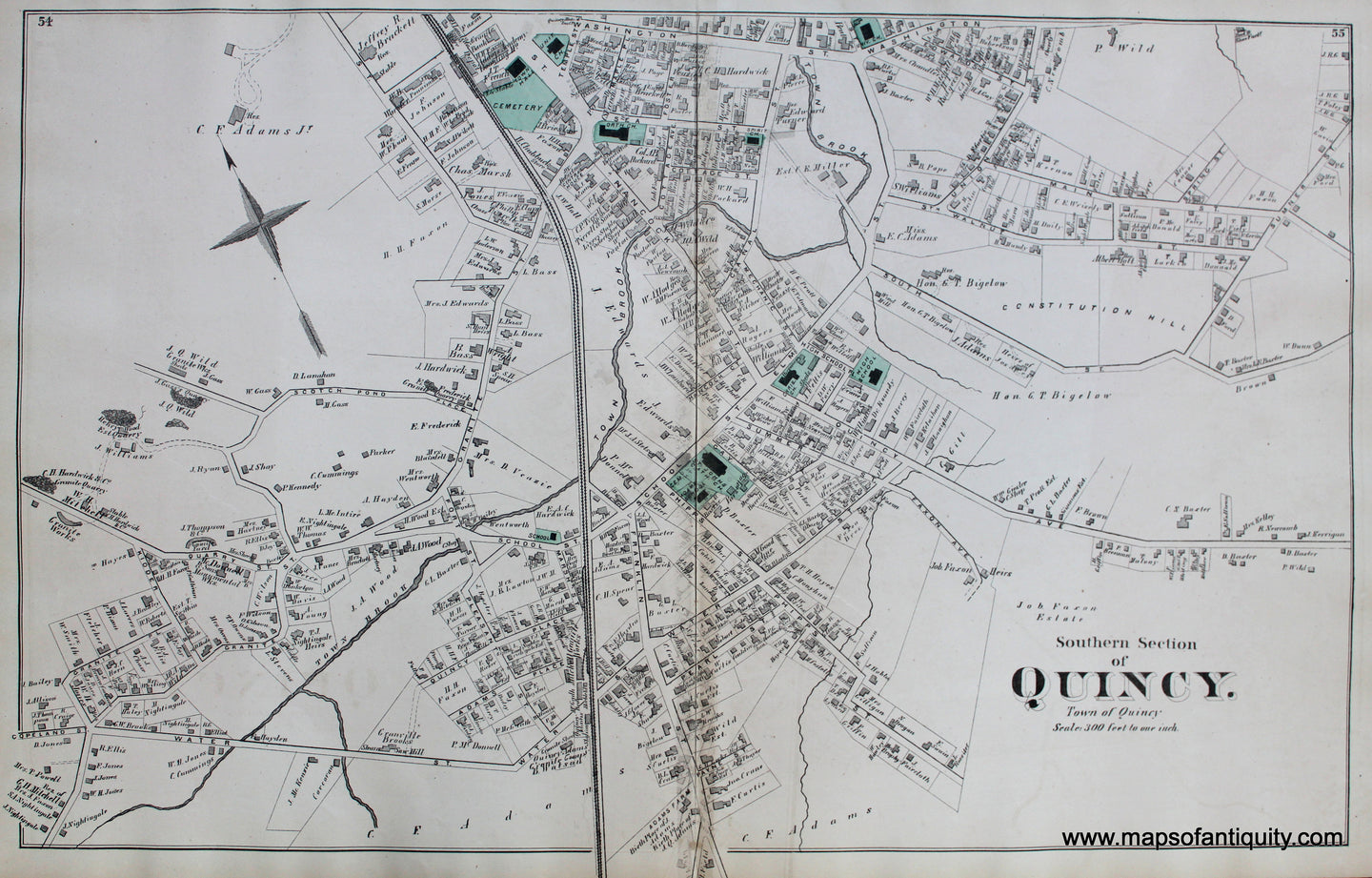 Antique-Hand-Colored-Map-Southern-Section-of-Quincy.-(MA)-Massachusetts-Norfolk-County-MA-1876-Comstock-&-Cline-Maps-Of-Antiquity