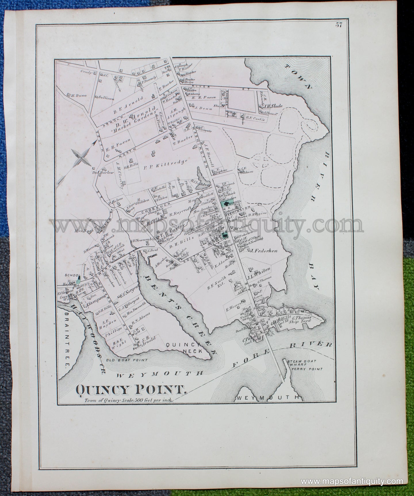 Antique-Hand-Colored-Map-Quincy-Point.-(MA)-**********-Massachusetts-Norfolk-County-MA-1876-Comstock-&-Cline-Maps-Of-Antiquity