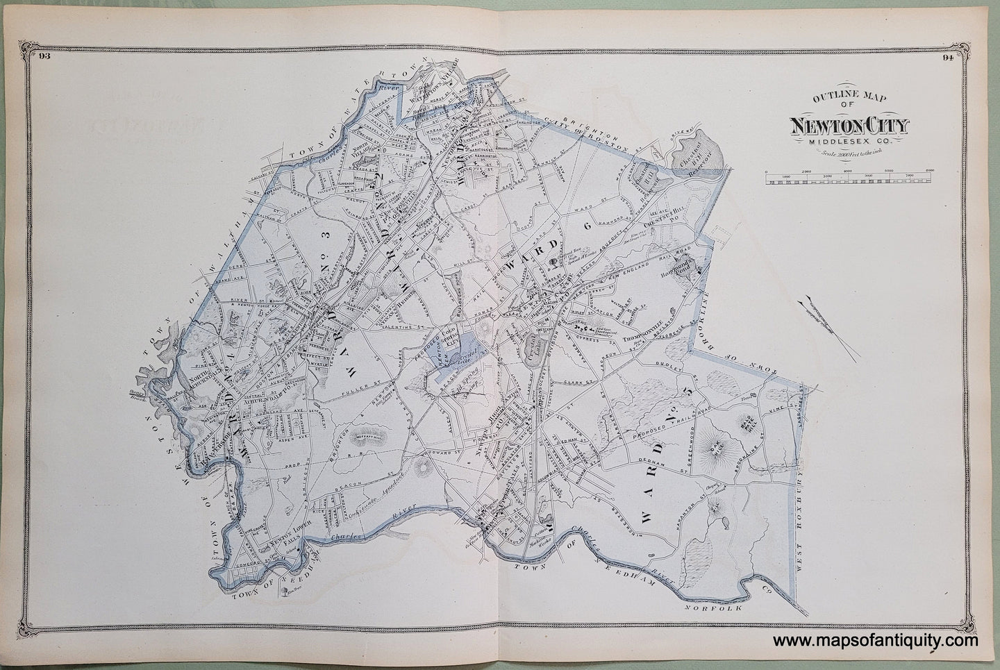 Antique-Hand-Colored-Map-Newton-Massachusetts-Middlesex--1875-Beers-Maps-Of-Antiquity