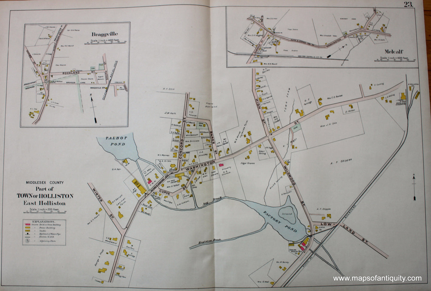 Antique-Hand-Colored-Map-Part-of-Town-of-Holliston-Metcalf-and-Braggville-(MA)-US-Massachusetts-Holliston-1908-Walker-Maps-Of-Antiquity