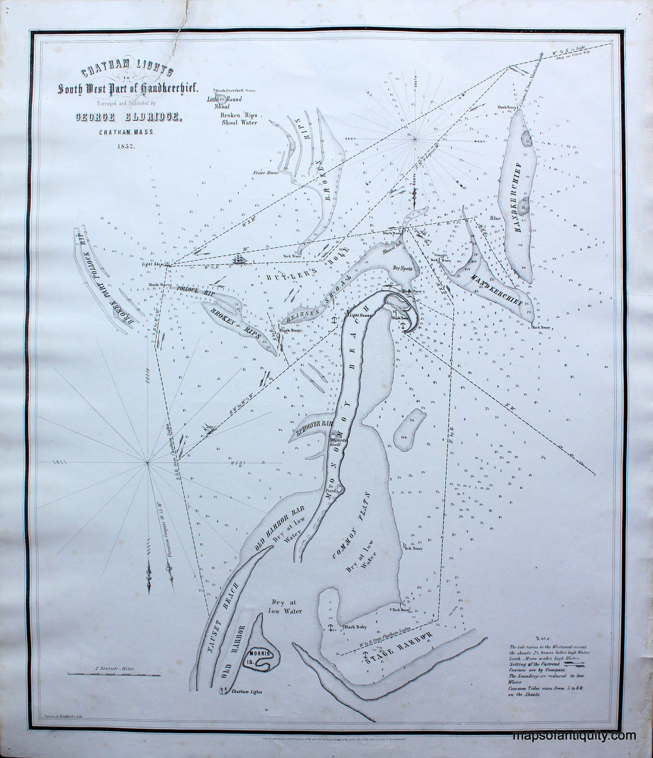 Black-and-White-Antique-Coastal-Chart--Chatham-Lights-to-Southwest-Part-of-Handkerchief.****-Chatham-Nautical-1852-Eldridge-Maps-Of-Antiquity