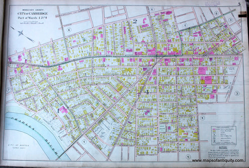 Antique-Hand-Colored-Map-City-of-Cambridge-Parts-of-Wards-1-2-&-4-(MA)-US-Massachusetts-Cambridge-1900-Walker-Maps-Of-Antiquity