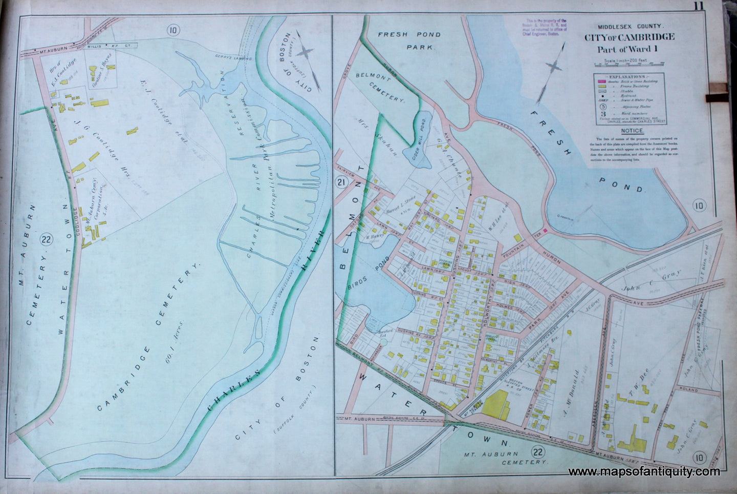 Antique-Hand-Colored-Map-City-of-Cambridge-Part-of-Wards-1-(MA)-US-Massachusetts-Cambridge-1900-Walker-Maps-Of-Antiquity