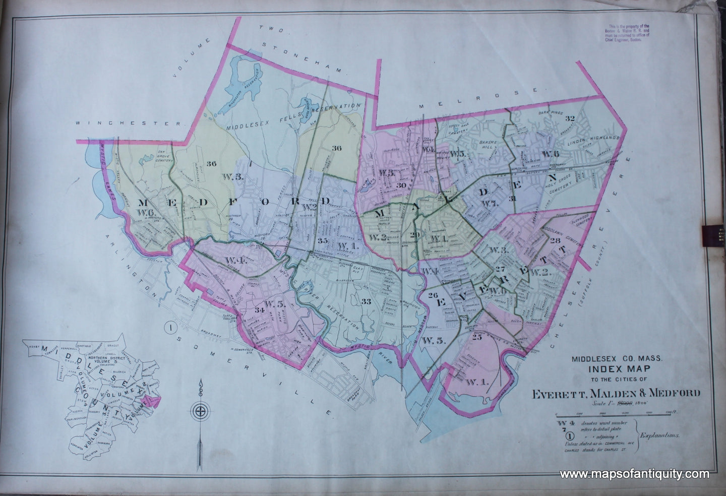 Antique-Hand-Colored-Map-Index-Map-of-Everett-Malden-Medford-(MA)-US-Massachusetts---1900-Walker-Maps-Of-Antiquity