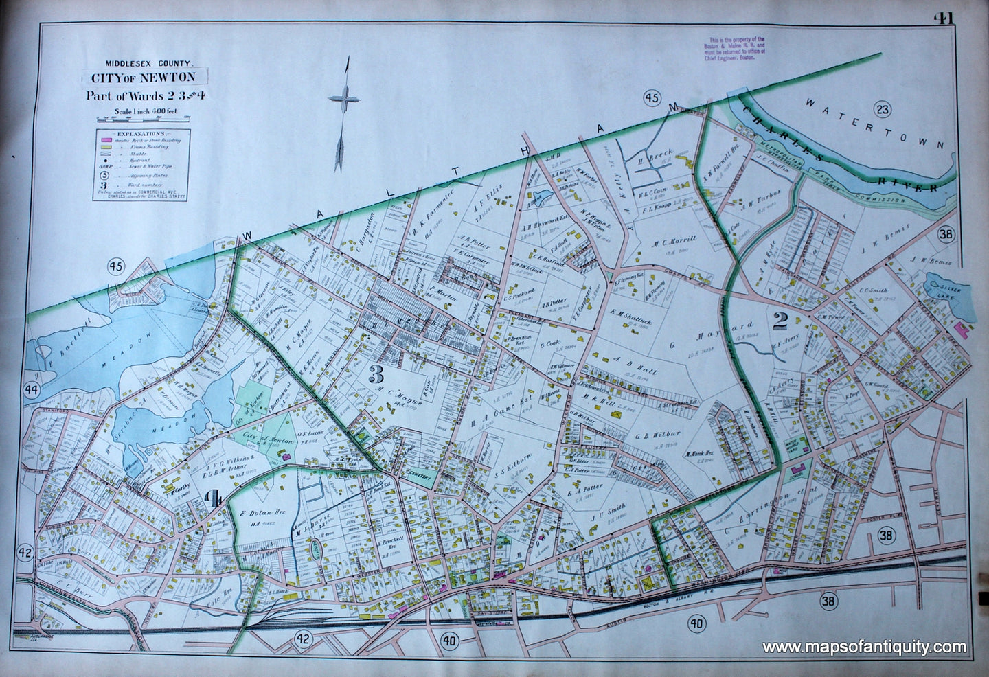 Antique-Hand-Colored-Map-City-of-Newton-Part-of-Wards-2-3-and-4-(MA)-US-Massachusetts-Newton-&-Waltham-1900-Walker-Maps-Of-Antiquity