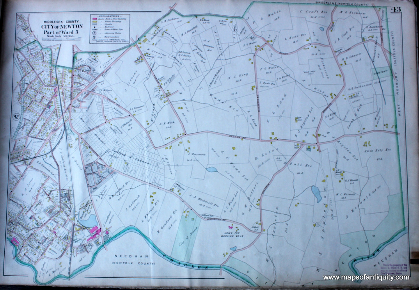 Antique-Hand-Colored-Map-City-of-Newton-Ward-5-(MA)-US-Massachusetts-Newton-&-Waltham-1900-Walker-Maps-Of-Antiquity