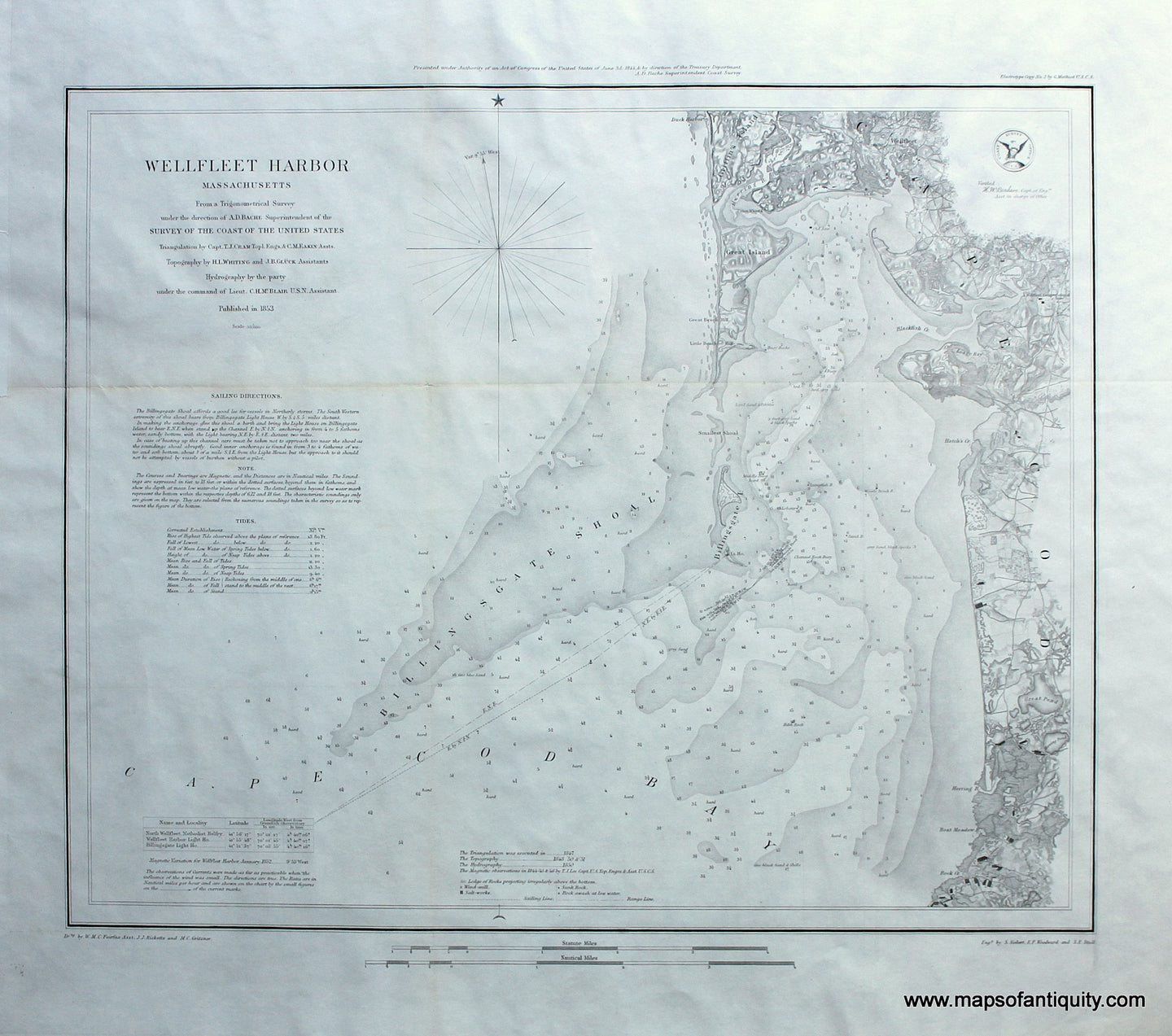 Antique-Black-and-White-Coastal-Chart-Wellfleet-Harbor-Massachusetts**********-Massachusetts--1853-U.S.-Coast-Survey-Maps-Of-Antiquity