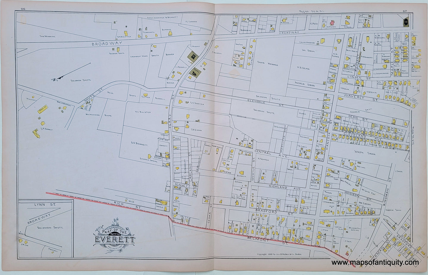 Antique-Map-Everett-(MA)-Massachusetts--1889-Walker-Maps-Of-Antiquity