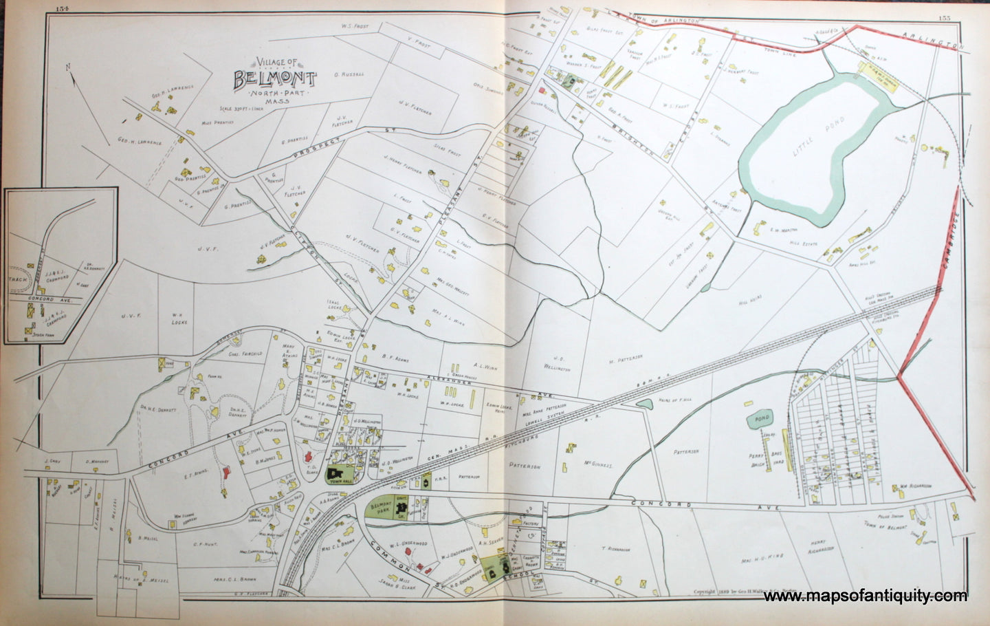 Antique-Map-Belmont-(MA)-Massachusetts--1889-Walker-Maps-Of-Antiquity