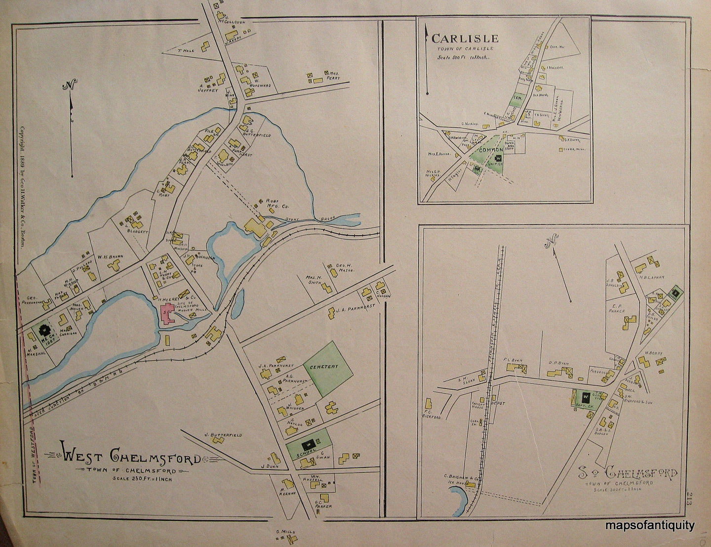 Antique-Hand-Colored-Map-Carlisle/W.-Chelmsford-(MA)-United-States-Massachusetts-1889-Walker-Maps-Of-Antiquity