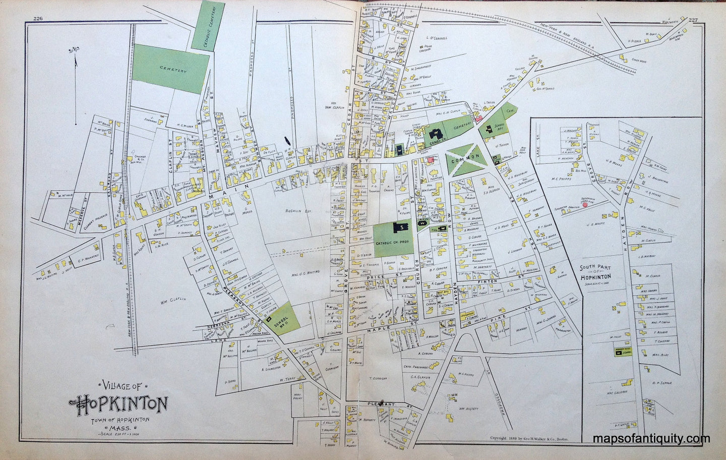 Antique-Hand-Colored-Map-Village-of-Hopkinton-(MA)-United-States-Massachusetts-1889-Walker-Maps-Of-Antiquity