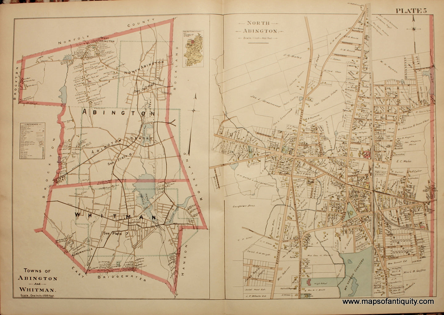 Antique-Hand-Colored-Map-Towns-of-Abington-and-Whitman-North-Abington-(MA)-Massachusetts--1903-Richards-Maps-Of-Antiquity