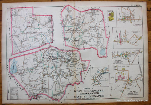 Antique-Hand-Colored-Map-West-Bridgewater-Bridgewater-and-East-Bridgewater-(MA)-Massachusetts--1903-Richards-Maps-Of-Antiquity