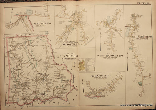 Antique-Hand-Colored-Map-Town-of-Hanover-Assinippi-North-West-and-South-Hanover-(MA)-Massachusetts--1903-Richards-Maps-Of-Antiquity