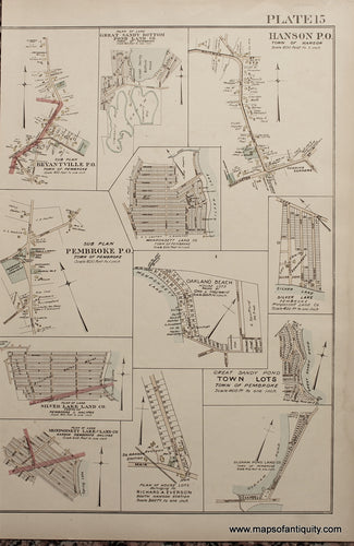 Antique-Hand-Colored-Map-Town-Centers-Includes-Pembroke-Hanson-Bryantville-Oakland-Beach-and-more-(MA)-Massachusetts--1903-Richards-Maps-Of-Antiquity